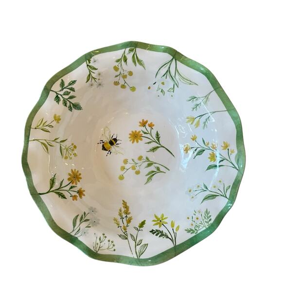 Shabby Chic Green Floral Bumblebee Melamine Serving Bowl 14" Round Scalloped NEW - Picture 13 of 13